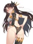  1girl angry armlet ass asymmetrical_legwear asymmetrical_sleeves back bangs black_bow black_hair black_legwear black_panties blush bow crown detached_sleeves earrings elbow_gloves fate/grand_order fate_(series) gloves gold_trim hair_bow hands_on_hips highres hoop_earrings ishtar_(fate)_(all) ishtar_(fate/grand_order) jewelry kabocha_(monkey4) looking_at_viewer looking_back neck_ring panties parted_bangs red_eyes signature simple_background single_detached_sleeve single_elbow_glove single_sleeve single_thighhigh solo teeth thigh-highs tiara two_side_up underwear white_background 