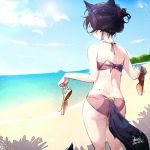  1girl animal_ears ass bare_arms bare_shoulders beach bikini black_hair commentary_request dated day ejami ekko_(ejami) fox_ears fox_girl fox_tail from_behind holding holding_shoes long_hair ocean original outdoors pink_bikini shoes signature solo swimsuit tail 