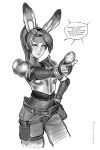 1girl animal_ears bbc-chan boobplate breastplate breasts easter egg english_text fake_animal_ears final_fantasy final_fantasy_vii final_fantasy_vii_remake fishnet_top greyscale hand_on_hip headband highres holding_egg holster impossible_armor jessie_rasberry leotard_under_clothes monochrome pants pauldrons ponytail rabbit_ears sexually_suggestive small_breasts solo speech_bubble sperm_cell thigh_holster 