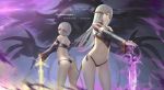  2girls ass au_ra bangs bikini_bottom blindfold breasts brown_eyes dark_knight_(final_fantasy) detached_sleeves dragon_horns dragon_tail dutch_angle emet-selch final_fantasy final_fantasy_xiv greatsword grey_hair halter_top halterneck highres horns long_hair medium_breasts multiple_girls navel scales short_hair spoilers tail wangchuan_de_quanyan 