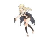  1girl bangs bare_shoulders barefoot black_legwear blonde_hair blush braid coat eyebrows_visible_through_hair french_braid full_body girls_frontline grey_eyes gun hair_ornament handgun holding holding_gun holding_weapon k5_(girls_frontline) long_hair looking_at_viewer lpip official_art open_clothes open_coat open_mouth pistol solo thigh-highs toeless_legwear torn_clothes transparent_background weapon 