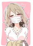  1girl bag blush breasts brown_hair coat coat_removed collarbone earrings eyebrows_visible_through_hair half-closed_eyes holding_clothes jewelry long_hair looking_at_viewer mask mole mole_under_eye mouth_mask original pendant pink_background portrait sodapop_(iemaki) solo surgical_mask sweater wavy_hair white_sweater 