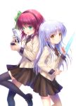  2girls angel_beats! back-to-back beretta_92 black_legwear black_skirt blazer bow commentary_request goto_p green_eyes gun hair_bow hairband hand_sonic handgun jacket long_hair multiple_girls pistol pleated_skirt purple_hair school_uniform short_hair silver_hair simple_background skirt tachibana_kanade thigh-highs weapon white_background yellow_eyes yuri_(angel_beats!) 