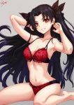  1girl arms_up artist_name bangs bare_arms bare_legs bare_shoulders barefoot black_hair bra breasts commentary_request fate/grand_order fate_(series) grey_background grin hair_ribbon head_tilt highres ishtar_(fate)_(all) ishtar_(fate/grand_order) long_hair looking_at_viewer medium_breasts navel panties red_bra red_eyes red_panties ribbon sakiyamama signature simple_background sitting smile solo stomach thighs two_side_up underwear underwear_only very_long_hair wariza 
