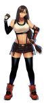  1girl bangs bare_shoulders belt black_belt black_hair black_legwear black_skirt black_sports_bra boots breasts brown_eyes brown_footwear collarbone commentary_request elbow_gloves eyebrows_behind_hair final_fantasy final_fantasy_vii final_fantasy_vii_remake fingerless_gloves full_body gauntlets gloves groin hair_between_eyes hand_on_hip hand_up highres korean_commentary large_breasts long_hair looking_at_viewer low-tied_long_hair midriff miniskirt navel pleated_skirt psychicjin shirt sidelocks simple_background single_gauntlet skirt smile snap-fit_buckle solo standing suspender_skirt suspenders tank_top taut_clothes taut_shirt thigh-highs tifa_lockhart white_background white_tank_top zettai_ryouiki 