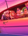  1girl 3boys absurdres anger_vein angry bandaid bare_shoulders bead_necklace beads black_hair blue_eyes boku_no_hero_academia burn_scar car car_interior choker collar collared_jacket collared_shirt crossover darling_in_the_franxx ear_piercing earrings expressionless eyeliner fingerless_gloves glasses gloves green_eyes grey_eyes ground_vehicle headgear heterochromia highres hood hood_down hoodie horns instagram_username jacket jewelry kimichan levi_(shingeki_no_kyojin) licking_lips long_hair looking_at_viewer makeup motor_vehicle multicolored_hair multiple_boys multiple_crossover necklace necktie one_eye_closed one_piece parted_lips piercing pink_hair pink_sky purple-tinted_eyewear red_hair ringed_eyes roronoa_zoro scar scar_across_eye scar_on_face serious shingeki_no_kyojin shirt smile sticker sunset tinted_eyewear todoroki_shouto tongue tongue_out two-tone_hair white_hair yellow-tinted_eyewear zero_two_(darling_in_the_franxx) 