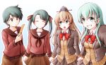  4girls aqua_hair bangs belt black_hair blazer breasts brown_hair brown_jacket brown_neckwear brown_shorts brown_skirt closed_eyes eyebrows_visible_through_hair grin hair_ornament hair_ribbon hairclip holding_hands jacket kantai_collection kumano_(kantai_collection) long_hair meihemu mikuma_(kantai_collection) mogami_(kantai_collection) multiple_girls open_mouth pleated_skirt ponytail red_neckwear red_sailor_collar ribbon sailor_collar school_uniform serafuku short_hair shorts skirt smile suzuya_(kantai_collection) twintails 