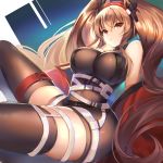  1girl angelina_(arknights) arknights bangs bare_shoulders belt black_legwear breasts brown_hair commentary eyebrows_visible_through_hair hair_between_eyes hairband kernel_killer large_breasts long_hair looking_at_viewer red_eyes red_hairband sitting sleeveless solo thick_thighs thigh-highs thighs twintails very_long_hair white_belt 