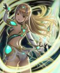  1girl ass back blonde_hair breasts dress elbow_gloves gem gloves glowing highres mythra_(xenoblade) holding holding_sword holding_weapon jewelry long_hair looking_back night panties pantyshot sky sssemiii star star_(sky) starry_sky sword underwear very_long_hair weapon white_dress xenoblade_(series) xenoblade_2 yellow_eyes 