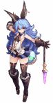 1girl animal_ears arm_up armpits ass_visible_through_thighs backless_outfit bangs blue_hair blue_skirt breasts brown_footwear brown_gloves brown_legwear closed_mouth earrings erune eyebrows_visible_through_hair ferry_(granblue_fantasy) full_body ghost gloves granblue_fantasy hair_between_eyes highres jewelry karukan_(monjya) long_hair looking_at_viewer rabbit_ears round-bottom_flask sideboob simple_background single_earring skirt sleeveless small_breasts solo thigh-highs very_long_hair wavy_hair whip 