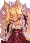  1girl :d absurdres animal_ears blonde_hair closed_eyes commentary_request copyright_request fox_ears fox_tail gohei hakama highres japanese_clothes kaamin_(mariarose753) miko open_mouth simple_background smile tail teeth v-shaped_eyebrows 