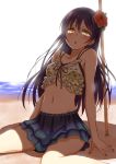  1girl bangs beach bikini blue_hair blush commentary_request flower frilled_bikini frills hair_flower hair_ornament hibiscus kyuusenbinore_(gavion) long_hair looking_at_viewer love_live! love_live!_school_idol_festival love_live!_school_idol_project midriff navel open_mouth sand sitting solo sonoda_umi swimsuit wariza yellow_eyes 