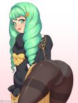  1girl ass back black_legwear blush cowboy_shot drill_hair embarrassed fire_emblem fire_emblem:_three_houses flayn_(fire_emblem) from_behind garreg_mach_monastery_uniform gradient gradient_background green_eyes green_hair hair_ornament leaning_forward long_hair looking_at_viewer looking_back open_mouth panties panties_under_pantyhose pantyhose pink_background rere_(yusuke) simple_background solo sweatdrop twin_drills twitter_username underwear wavy_mouth 