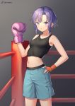  1girl absurdres armpit_peek bangs black_background black_tank_top blue_shorts blush boxing_gloves boxing_ring breasts chinese_commentary collarbone cowboy_shot fingerless_gloves gloves hand_on_hip highres konishi_(565112307) looking_at_viewer medium_breasts midriff mismatched_gloves navel open_mouth original parted_bangs purple_hair red_gloves short_hair shorts simple_background sleeveless solo standing tank_top taut_clothes tomboy toned tsurime violet_eyes weibo_username 