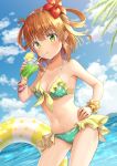  1girl bangs bikini blue_sky blush bracelet breasts clouds day drink drinking drinking_straw eyebrows_visible_through_hair flower food fruit glass green_bikini green_eyes hair_flower hair_ornament hirokazu_(analysis-depth) inosaki_rino jewelry lemon lemon_slice looking_at_viewer medium_breasts navel ocean orange_hair princess_connect! princess_connect!_re:dive scrunchie sky solo swimsuit wrist_scrunchie yellow_scrunchie 