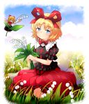  2girls bangs black_shirt blonde_hair blue_eyes blue_sky blurry blurry_background bouquet bow bowtie clouds commentary_request day depth_of_field eyebrows_visible_through_hair fairy_wings flower flying frilled_shirt_collar frills grass hair_ribbon head_tilt highres holding holding_bouquet lily_of_the_valley looking_at_viewer medicine_melancholy multiple_girls outdoors parted_bangs puffy_short_sleeves puffy_sleeves red_neckwear red_skirt ribbon shirt short_hair short_sleeves sitting skirt sky smile su-san touhou wariza wings yossy_(yossy1130) 