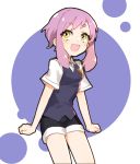  1girl :d absurdres black_shorts buttoniris collared_shirt copyright_request dot_nose eyebrows_visible_through_hair freckles highres looking_at_viewer open_mouth pink_hair purple_background purple_vest shirt short_sleeves shorts sidelocks smile solo standing vest white_shirt wing_collar yellow_eyes 