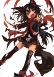  1girl absurdres animal_ears black_hair black_legwear black_tail commentary_request copyright_request hair_between_eyes highres kaamin_(mariarose753) looking_at_viewer red_eyes scarf simple_background tail thigh-highs zettai_ryouiki 
