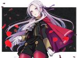  1girl 96ks_3h bangs black_background black_coat black_shorts capelet coat cowboy_shot edelgard_von_hresvelg eyelashes fire_emblem fire_emblem:_three_houses floating_hair forehead garreg_mach_monastery_uniform gloves hair_ribbon lips long_hair looking_at_viewer pantyhose parted_bangs parted_lips petals red_capelet red_legwear ribbon shorts silver_hair smile solo straight_hair twitter_username violet_eyes white_gloves 