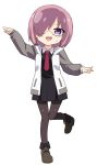  1girl absurdres chibi fate/grand_order fate_(series) full_body glasses hair_over_one_eye highres leon_(mikiri_hassha) mash_kyrielight necktie pantyhose pink_hair solo standing standing_on_one_leg sweatdrop violet_eyes white_background 