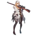  1girl alternate_costume bad_link blonde_hair blue_eyes bolt_action boots dress fangdan_runiu girls_frontline gloves gun hat high_heels long_hair mod3_(girls_frontline) mosin-nagant mosin-nagant_(girls_frontline) official_art over_shoulder pantyhose red_star rifle side_ponytail sniper_rifle thigh-highs thigh_boots thigh_strap transparent_background weapon weapon_over_shoulder white_dress white_headwear 
