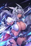  1girl animal_ears bangs bikini_bottom black_gloves black_legwear blue_eyes body_markings breasts caenis_(fate) dark_skin elbow_gloves electricity fate/grand_order fate_(series) faulds gauntlets gloves hair_intakes headpiece highleg highres large_breasts long_hair looking_at_viewer navel open_mouth pauldrons polearm shield smile solo spear tattoo thigh-highs thighs weapon yoh0cid 