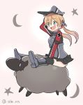  1girl 1other :d ahenn animal aqua_eyes black_legwear black_skirt blonde_hair blush crescent_moon eyebrows_visible_through_hair hair_between_eyes hat kantai_collection long_hair long_sleeves low_twintails military military_uniform moon open_mouth panties peaked_cap pleated_skirt prinz_eugen_(kantai_collection) sheep skirt smile star thigh-highs twintails twitter_username underwear uniform white_panties 