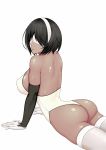  1girl :o ass black_gloves black_hair blindfold breasts cropped_legs dark_skin gloves headband highres large_breasts leotard looking_back mole mole_under_mouth nier_(series) nier_automata ryu_seung short_hair soulcalibur soulcalibur_vi thigh-highs thighs white_blindfold white_headband white_legwear white_leotard yorha_no._2_type_b yorha_no._2_type_p 