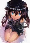  1girl :o absurdres bare_legs bare_shoulders between_legs blue_eyes brown_hair commentary_request copyright_request detached_sleeves hand_between_legs hat highres kaamin_(mariarose753) military_hat simple_background 