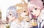  3girls animal_ears blue_eyes blue_neckwear blue_sweater brown_eyes bubble_tea commentary_request cup dress_shirt drinking_straw eyebrows_visible_through_hair fang fate/grand_order fate_(series) fox_ears hair_between_eyes hair_ornament highres holding_handheld_game_console leaf_earrings light_brown_hair long_hair miyamoto_musashi_(fate/grand_order) multiple_girls necktie one_eye_closed pink_hair playing_games red_eyes shirt silver_hair suzuka_gozen_(fate) sweater tomoe_gozen_(fate/grand_order) upper_body vegetablenabe white_shirt 