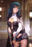  1girl armor armored_dress artist_name black_cloak black_legwear black_shorts blue_eyes blue_hair breasts byleth_(fire_emblem) byleth_eisner_(female) cloak contrapposto cowboy_shot detached_collar english_commentary esther eyelashes fire_emblem fire_emblem:_three_houses hair_between_eyes knife lips long_hair looking_at_viewer medium_breasts midriff navel navel_cutout pantyhose parted_lips short_shorts shorts signature solo sunlight tassel vambraces 