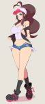  1girl absurdres bare_legs baseball_cap black_footwear black_legwear black_panties black_vest blue_eyes boots breasts brown_hair cutoffs denim denim_shorts exposed_pocket full_body hat high_ponytail highres large_breasts looking_at_viewer micro_shorts midriff nac000 panties pokemon pokemon_(game) pokemon_bw ponytail shirt shorts sidelocks simple_background sleeveless sleeveless_shirt socks solo standing tank_top touko_(pokemon) underwear vest white_shirt wristband 