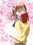  1girl bangs book book_on_head bow bowtie brown_hair cherry_blossoms eyebrows_visible_through_hair gorilla-shi hands_together highres holding holding_book kunikida_hanamaru long_hair looking_at_viewer looking_to_the_side love_live! love_live!_sunshine!! object_on_head pleated_skirt sailor_collar school_uniform skirt solo sweater tree_branch yellow_eyes yellow_neckwear yellow_sweater 