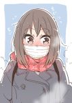  1girl bag blue_background blush brown_eyes brown_hair buttons coat eyebrows_visible_through_hair heavy_breathing mask medium_hair mouth_mask original scarf sodapop_(iemaki) solo steam surgical_mask winter_clothes 