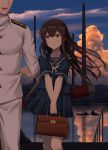  1boy 1girl admiral_(kantai_collection) akagi_(kantai_collection) bag bangs blush boat brown_eyes brown_hair closed_mouth clouds collarbone commentary_request epaulettes eyebrows_visible_through_hair hand_on_another&#039;s_shoulder handbag highres i-class_destroyer ichikawa_feesu kantai_collection kneehighs long_hair long_sleeves looking_at_another military military_uniform naval_uniform neckerchief outdoors pleated_skirt reflection sailor_collar school_bag school_uniform serafuku shirt short_sleeves skirt sky smile standing sunset uniform water watercraft white_neckwear younger 