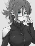  1girl alternate_hairstyle android_21 blue_eyes dragon_ball dragon_ball_fighterz earrings glasses grey_background greyscale hair_between_eyes hand_up hoop_earrings jewelry kemachiku looking_at_viewer monochrome ponytail short_hair simple_background solo upper_body zipper 