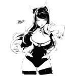  1girl ahri animal_ears breasts ejami facial_mark fox_ears greyscale league_of_legends long_hair looking_at_viewer monochrome open_mouth simple_background solo thigh-highs white_background 