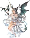  1girl collarbone detached_sleeves dragon dragon_girl dragon_horns dragon_tail dragon_wings dress frills grey_hair highres horns long_hair official_art okku sangoku_taisen_smash! simple_background solo tail white_background white_dress wings yellow_eyes 