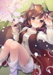  1girl adapted_costume alcohol animal_ear_fluff animal_ears bloomers brown_eyes brown_hair brown_skirt brown_vest cherry_blossoms cup eyebrows_visible_through_hair futatsuiwa_mamizou leaf leaf_on_head long_sleeves looking_at_viewer lying on_back parted_lips pince-nez raccoon_ears raccoon_tail round_eyewear sakazuki sake sen1986 shirt skirt solo spilling tabi tail tatami touhou underwear vest white_shirt 