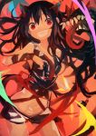  1girl :d absurdres animal_ears armband bare_arms bare_legs bare_shoulders black_hair commentary copyright_request ears hair_between_eyes highres kaamin_(mariarose753) long_hair monster open_mouth red_eyes short_shorts shorts smile teeth 