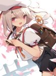  1girl backpack bag bangs beret black_skirt blush breasts collared_shirt fate/kaleid_liner_prisma_illya fate_(series) hat homurahara_academy_uniform illyasviel_von_einzbern long_hair looking_at_viewer magical_ruby neck_ribbon open_mouth petals puffy_short_sleeves puffy_sleeves red_eyes red_ribbon ribbon sailor_collar school_uniform shirt short_sleeves skirt small_breasts smile wand white_hair white_headwear white_sailor_collar white_shirt yura_(botyurara) 