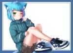  1girl ;| animal_ear_fluff animal_ears blue_hair blue_jacket braid cat_ears cat_tail full_body green_eyes highres hood hood_down hooded_jacket jacket michiru_donut nike original shoes short_hair shorts simple_background sitting sneakers solo tail white_background 