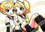  1boy 1girl bangs bare_shoulders beamed_eighth_notes black_collar black_shorts black_sleeves blonde_hair blue_eyes bow collar commentary detached_sleeves eighth_note feet_out_of_frame hair_bow hair_ornament hairclip highres kagamine_len kagamine_rin kasakisakura knees_up leg_warmers looking_at_another musical_note musical_note_background neckerchief necktie open_mouth quarter_note sailor_collar school_uniform shirt short_hair short_ponytail short_shorts short_sleeves shorts side-by-side sitting smile spiky_hair staff_(music) swept_bangs vocaloid white_background white_bow white_shirt yellow_neckwear 