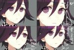  1boy absurdres blurry buttoniris checkered checkered_scarf closed_mouth commentary dangan_ronpa dot_nose english_commentary eyes_visible_through_hair grey_background hair_between_eyes highres male_focus math math_lady meme multiple_views new_dangan_ronpa_v3 ouma_kokichi parted_lips purple_hair scarf simple_background trigonometry violet_eyes 