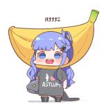  1girl asari_nanami bangs black_footwear black_shirt blue_eyes blue_hair blunt_bangs blush boots chibi clothes_writing eyebrows_visible_through_hair full_body hair_ornament holding idolmaster idolmaster_cinderella_girls long_hair looking_at_viewer open_mouth oversized_clothes oversized_shirt round_teeth shadow shiny shiny_hair shirt short_sleeves simple_background smile solo standing takatoo_kurosuke teeth translated upper_teeth white_background 