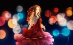  1girl absurdres aerith_gainsborough bangs bare_shoulders blurry blurry_background bow breasts brown_hair dress final_fantasy final_fantasy_vii final_fantasy_vii_remake flower frilled_dress frills green_eyes hair_flower hair_ornament hair_ribbon highres jewelry long_hair looking_at_viewer necklace red_bow red_dress red_flower reireicchi ribbon sidelocks signature sleeveless sleeveless_dress small_breasts solo strapless strapless_dress 