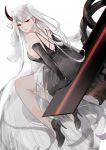  1girl aircraft_carrier_hime back black_dress black_footwear black_gloves demon_horn dress elbow_gloves gloves high_heels horn kantai_collection lips long_hair looking_at_viewer nello_(luminous_darkness) red_eyes shinkaisei-kan shoes silver_hair sitting solo tagme thigh-highs white_background white_hair white_legwear 