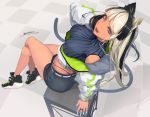  1girl animal_ears black_hair cat_ears cat_tail jacket long_hair multicolored_hair open_mouth original platinum_blonde_hair sakuhiko sitting solo tail violet_eyes 