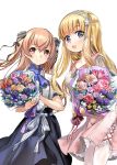  2girls bangs black_ribbon blonde_hair blush bouquet breasts brown_eyes closed_mouth commentary_request double_bun eyebrows_visible_through_hair fletcher_(kantai_collection) flower hair_ornament hair_ribbon hairband holding holding_bouquet johnston_(kantai_collection) kantai_collection large_breasts light_brown_hair long_hair looking_at_viewer medium_breasts multiple_girls neckerchief official_art open_mouth ribbon shirt short_sleeves simple_background skirt smile star star_hair_ornament twintails two_side_up violet_eyes white_background white_legwear white_ribbon zeco 