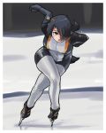  1girl absurdres action adapted_costume black_hair commentary_request emperor_penguin_(kemono_friends) hair_over_one_eye highlights highres kemono_friends multicolored_hair orange_hair short_hair skates skating skating_rink solo speed_skating toriny321 unitard 